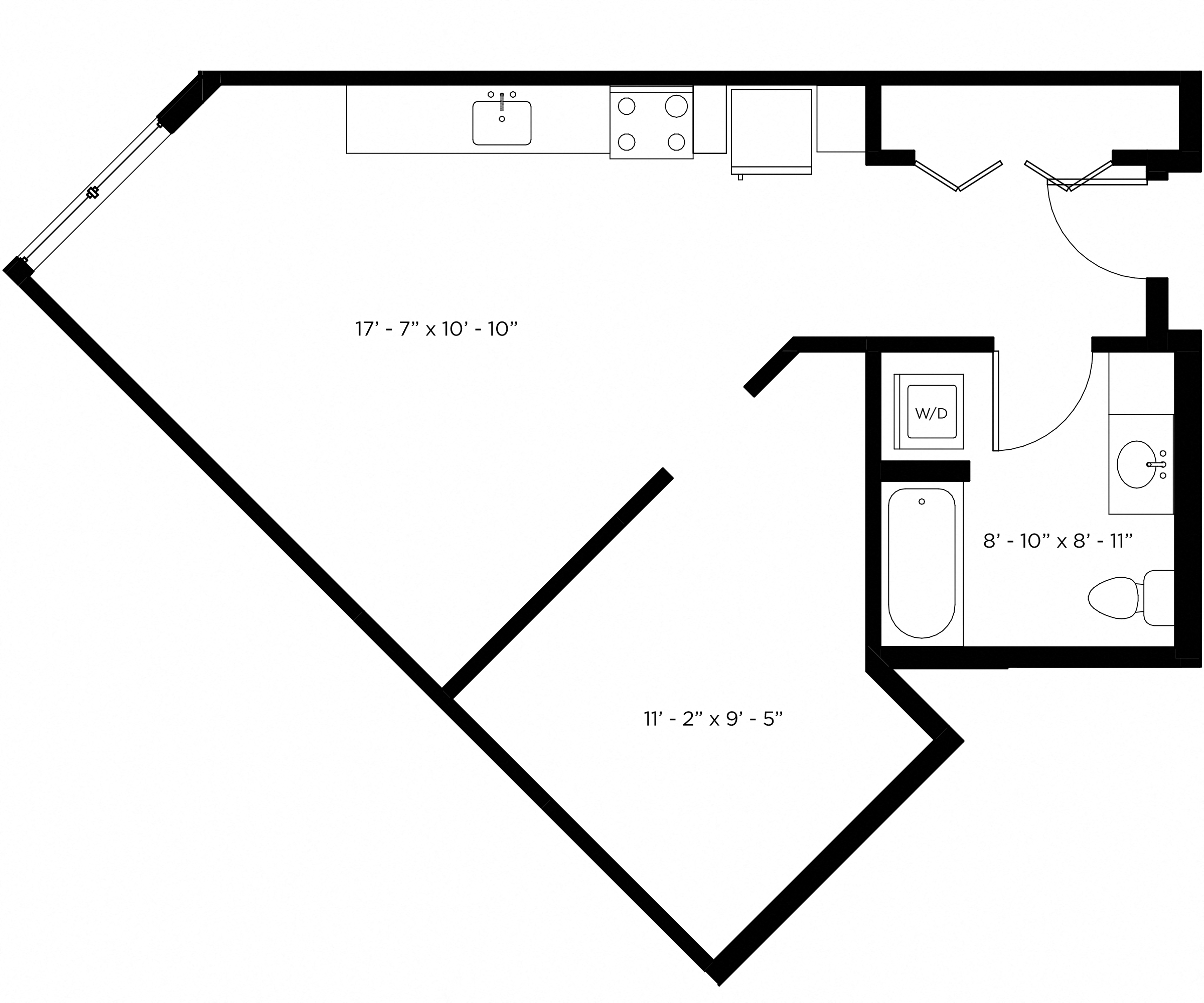 Floor plan for 1 bed, 1 bath, 600 sqft